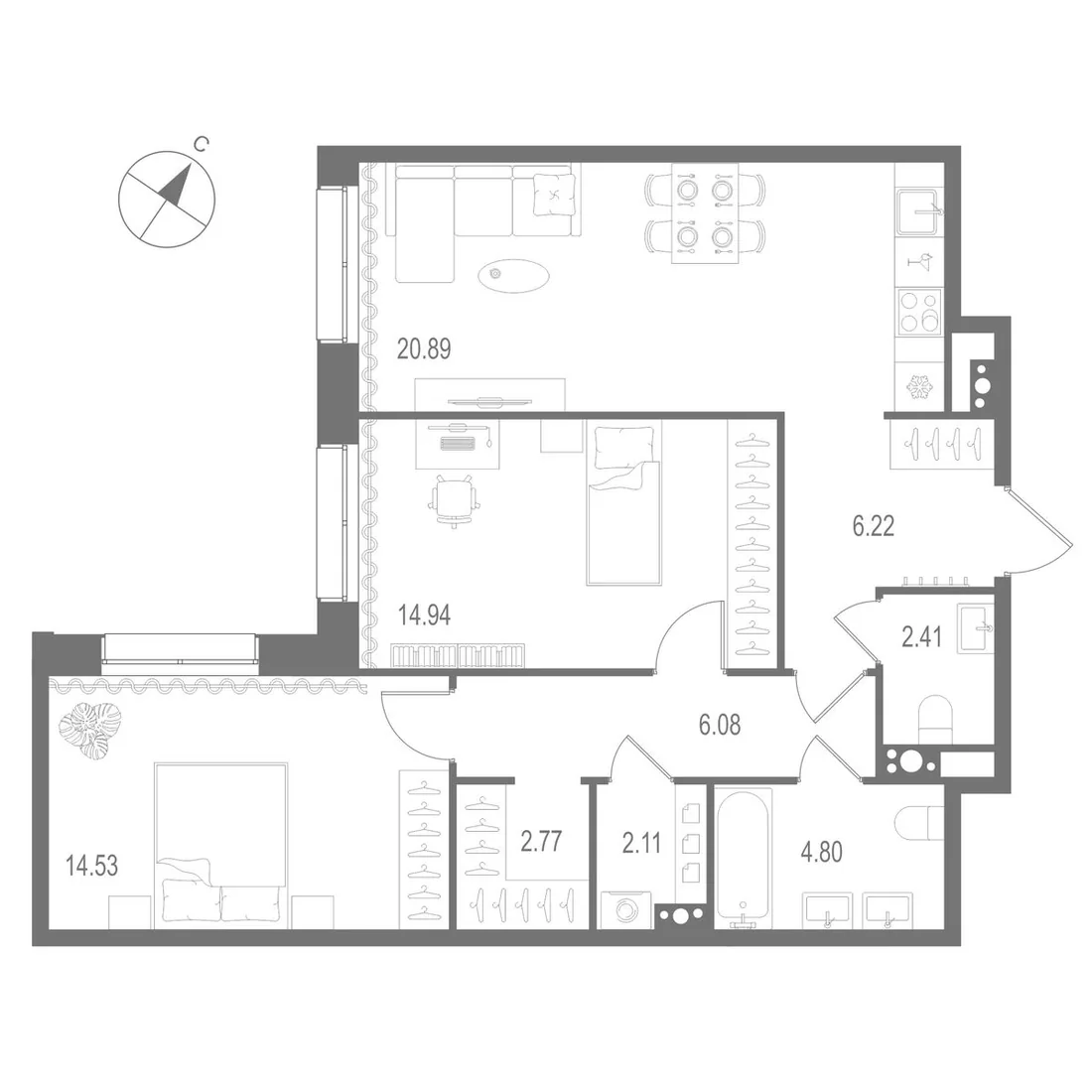 Планировка: Двухкомнатная квартира 75 м² в «Остров Первых»