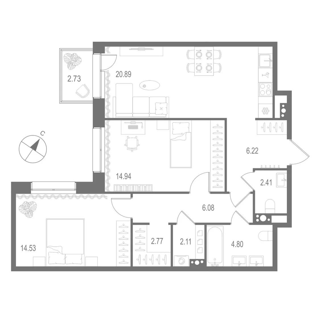 Планировка: Двухкомнатная квартира 75 м² в «Остров Первых»