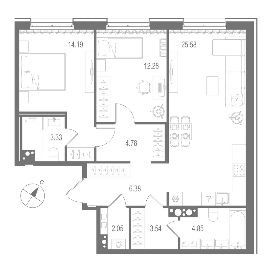 Планировка: Двухкомнатная квартира 77 м² в «Остров Первых»