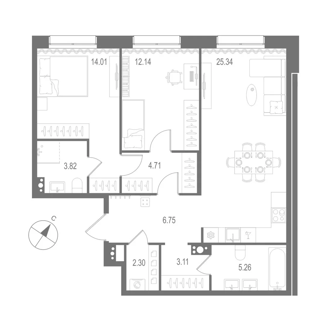 Планировка: Двухкомнатная квартира 77 м² в «Остров Первых»