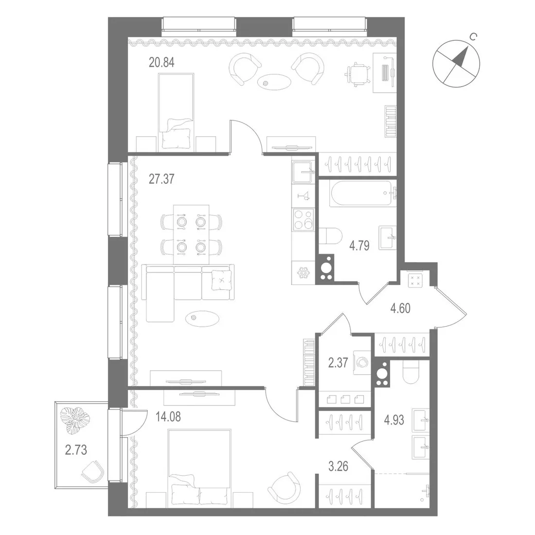 Планировка: Двухкомнатная квартира 82 м² в «Остров Первых»