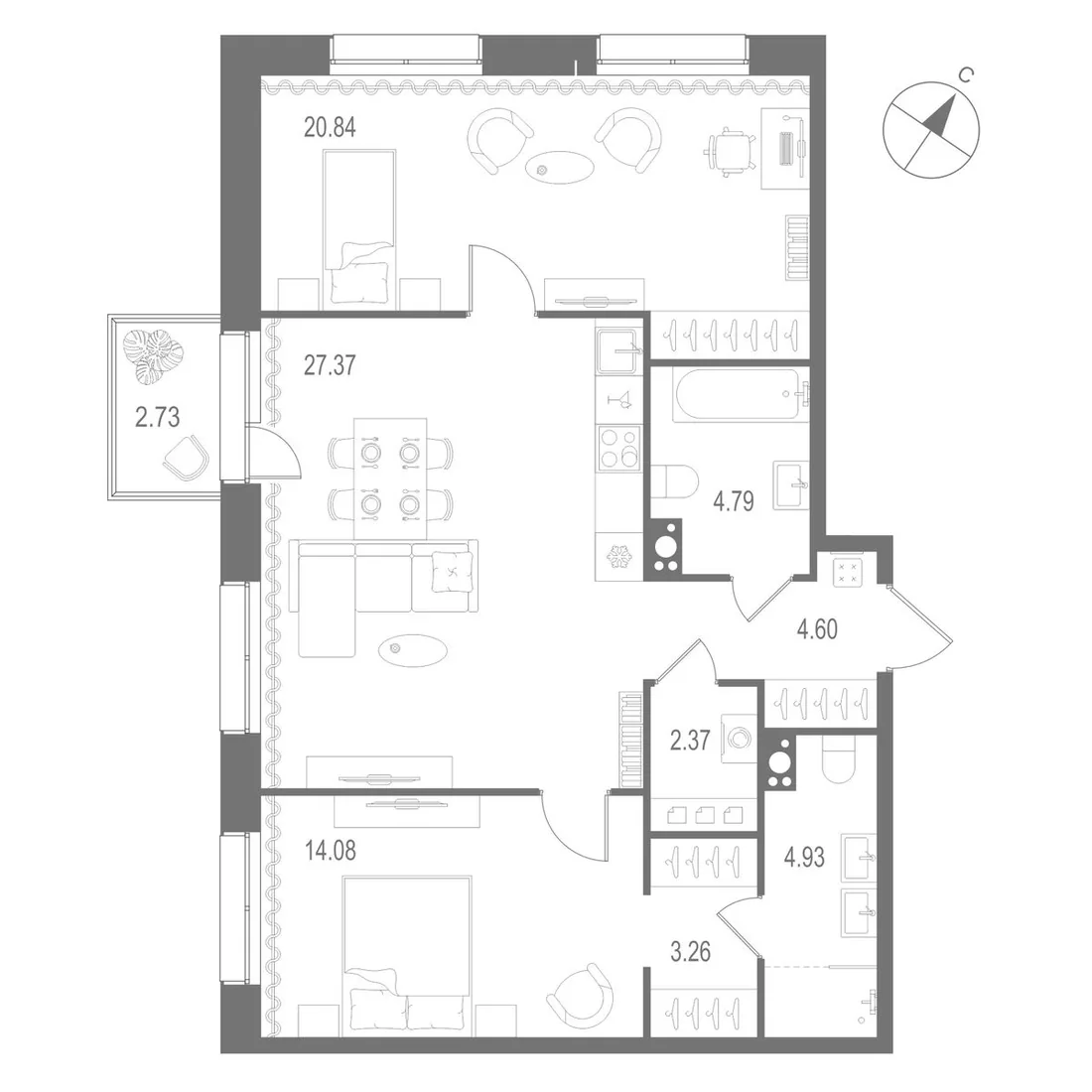 Планировка: Двухкомнатная квартира 82 м² в «Остров Первых»