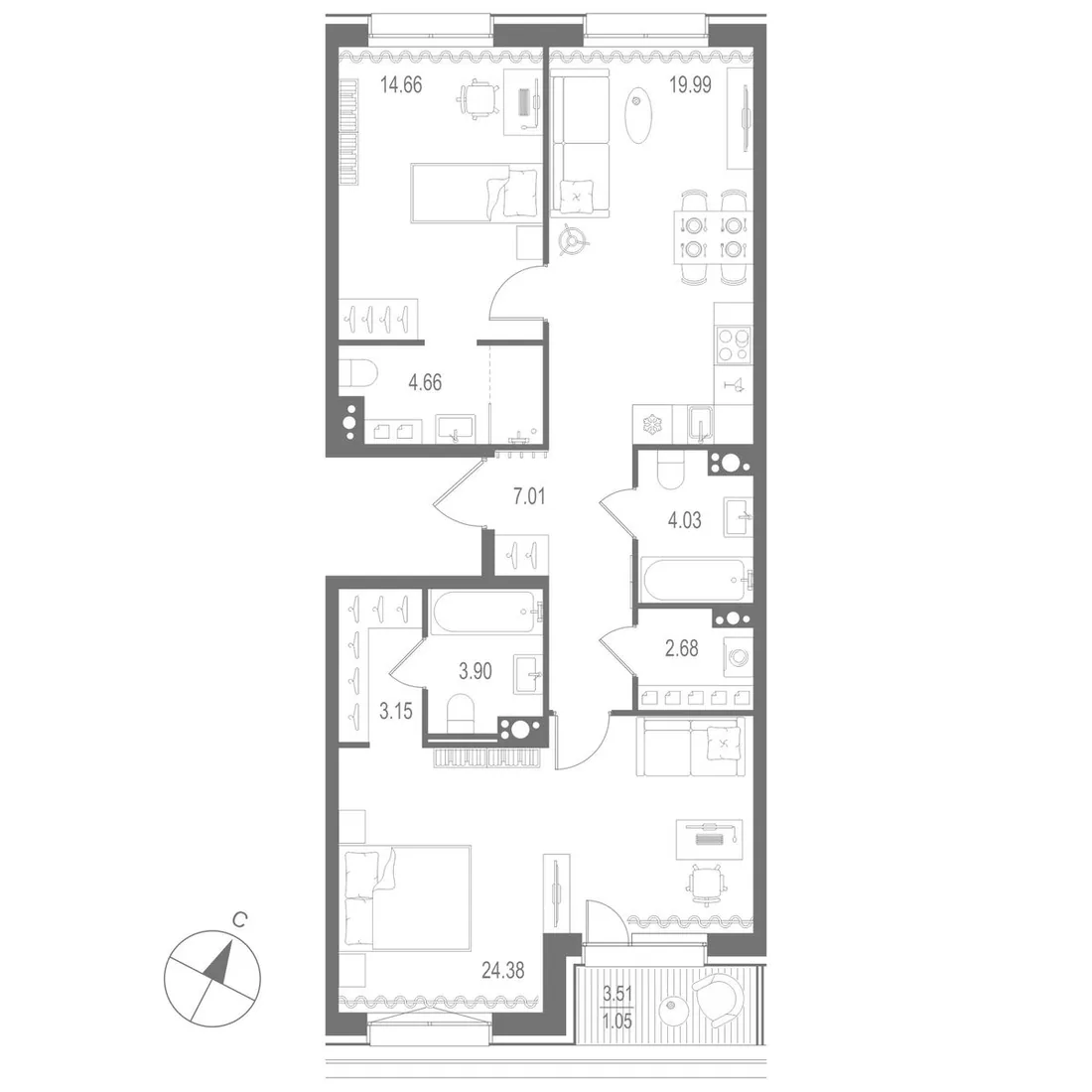 Планировка: Двухкомнатная квартира 86 м² в «Остров Первых»