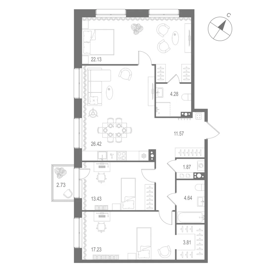 Планировка: Трёхкомнатная квартира 105 м² в «Остров Первых»