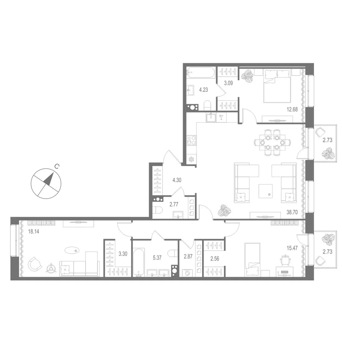 Планировка: Трёхкомнатная квартира 119 м² в «Остров Первых»
