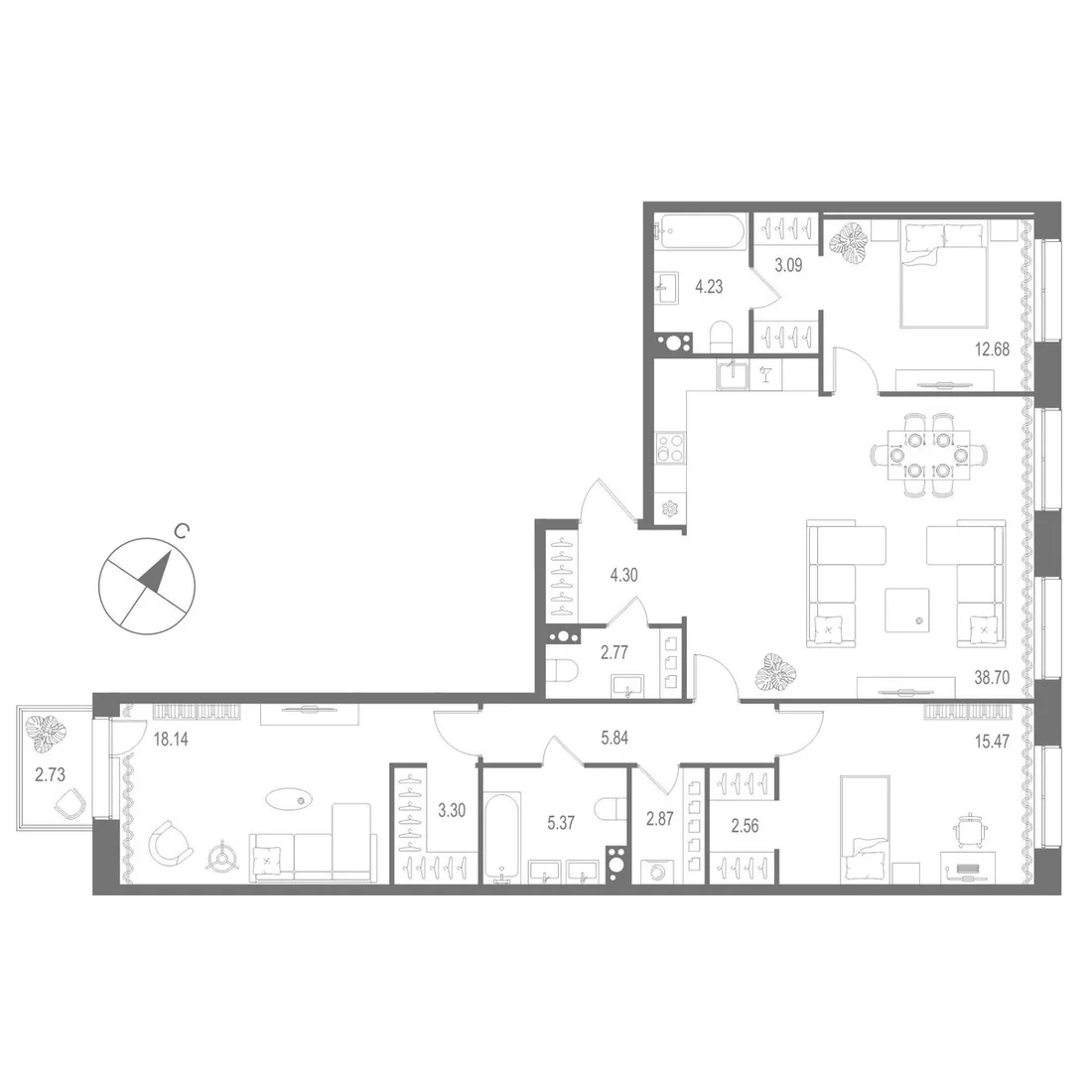 Планировка: Трёхкомнатная квартира 119 м² в «Остров Первых»