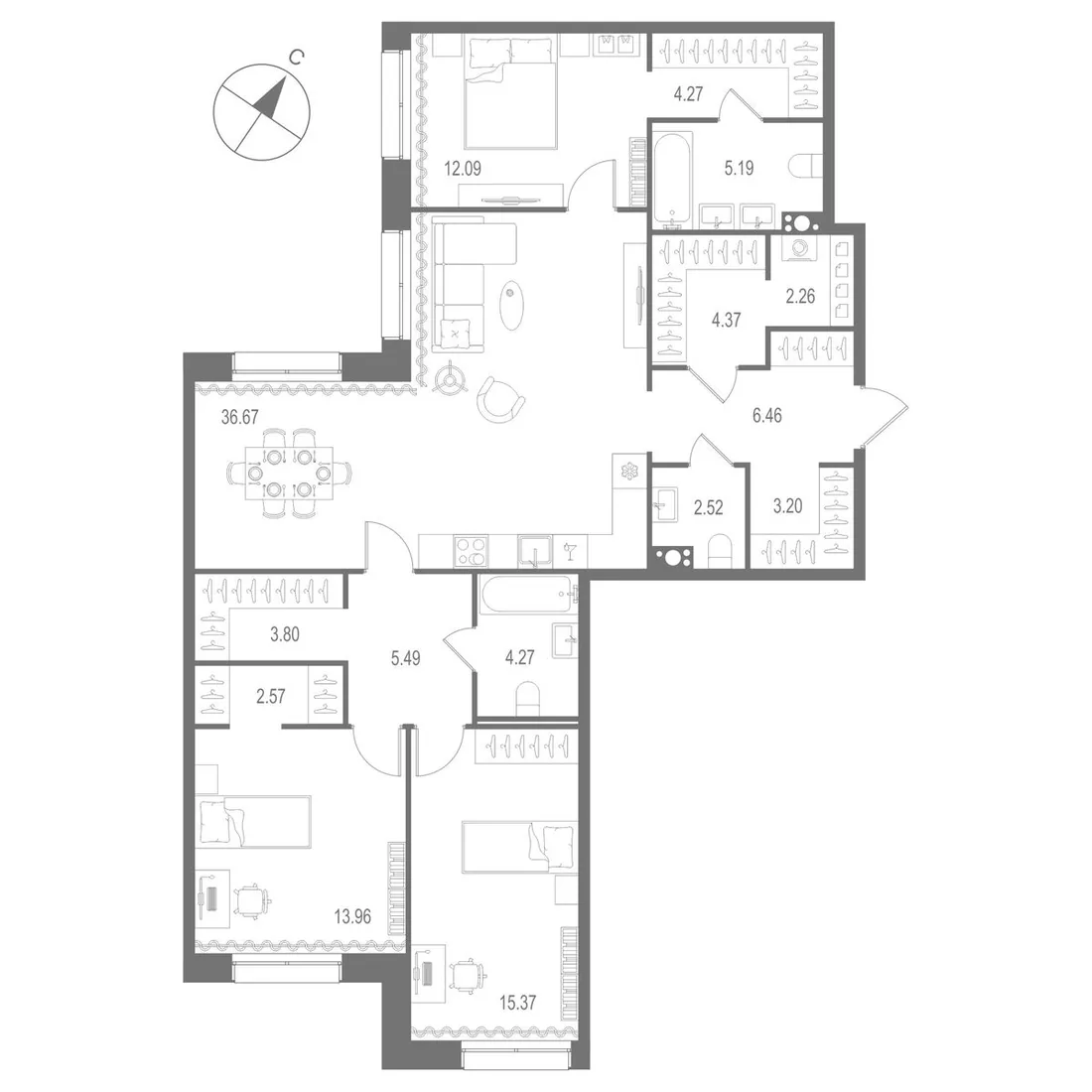 Планировка: Трёхкомнатная квартира 122 м² в «Остров Первых»