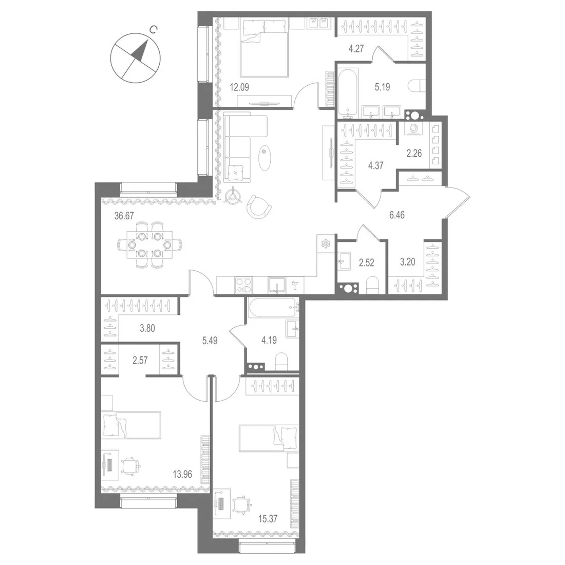 Планировка: Трёхкомнатная квартира 122 м² в «Остров Первых»
