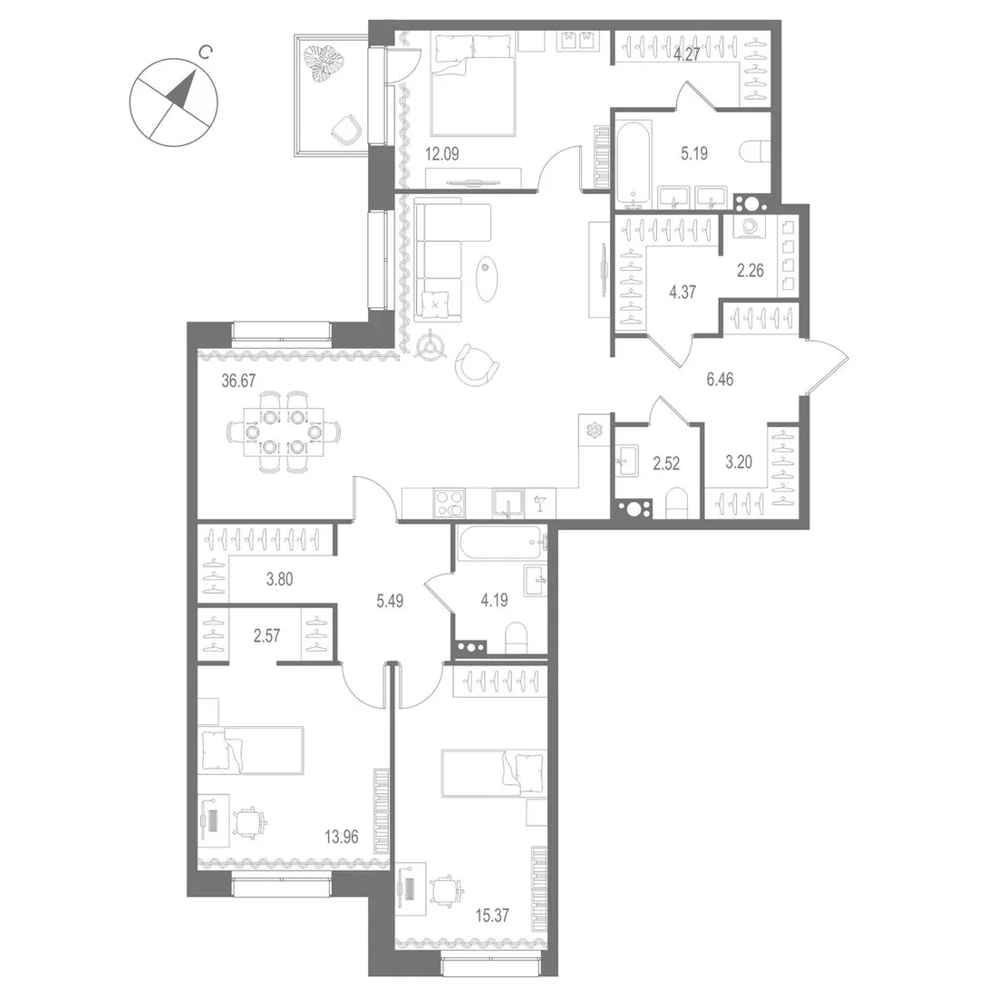 Планировка: Трёхкомнатная квартира 122 м² в «Остров Первых»