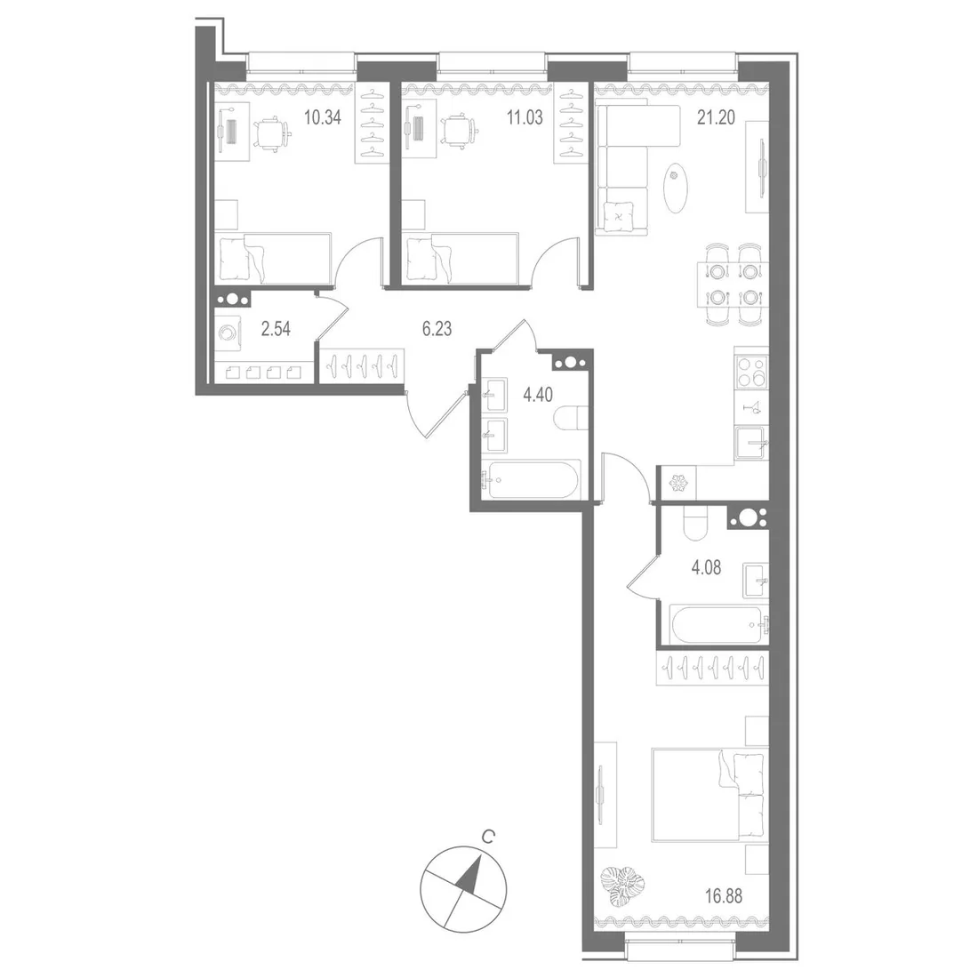Планировка: Трёхкомнатная квартира 77 м² в «Остров Первых»