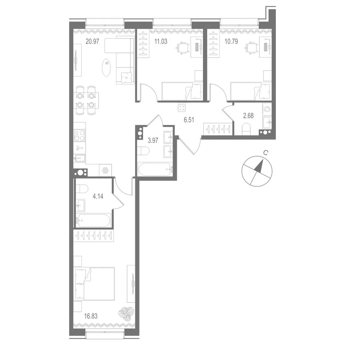 Планировка: Трёхкомнатная квартира 77 м² в «Остров Первых»