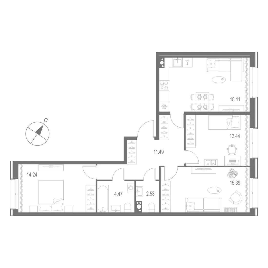 Планировка: Трёхкомнатная квартира 79 м² в «Остров Первых»