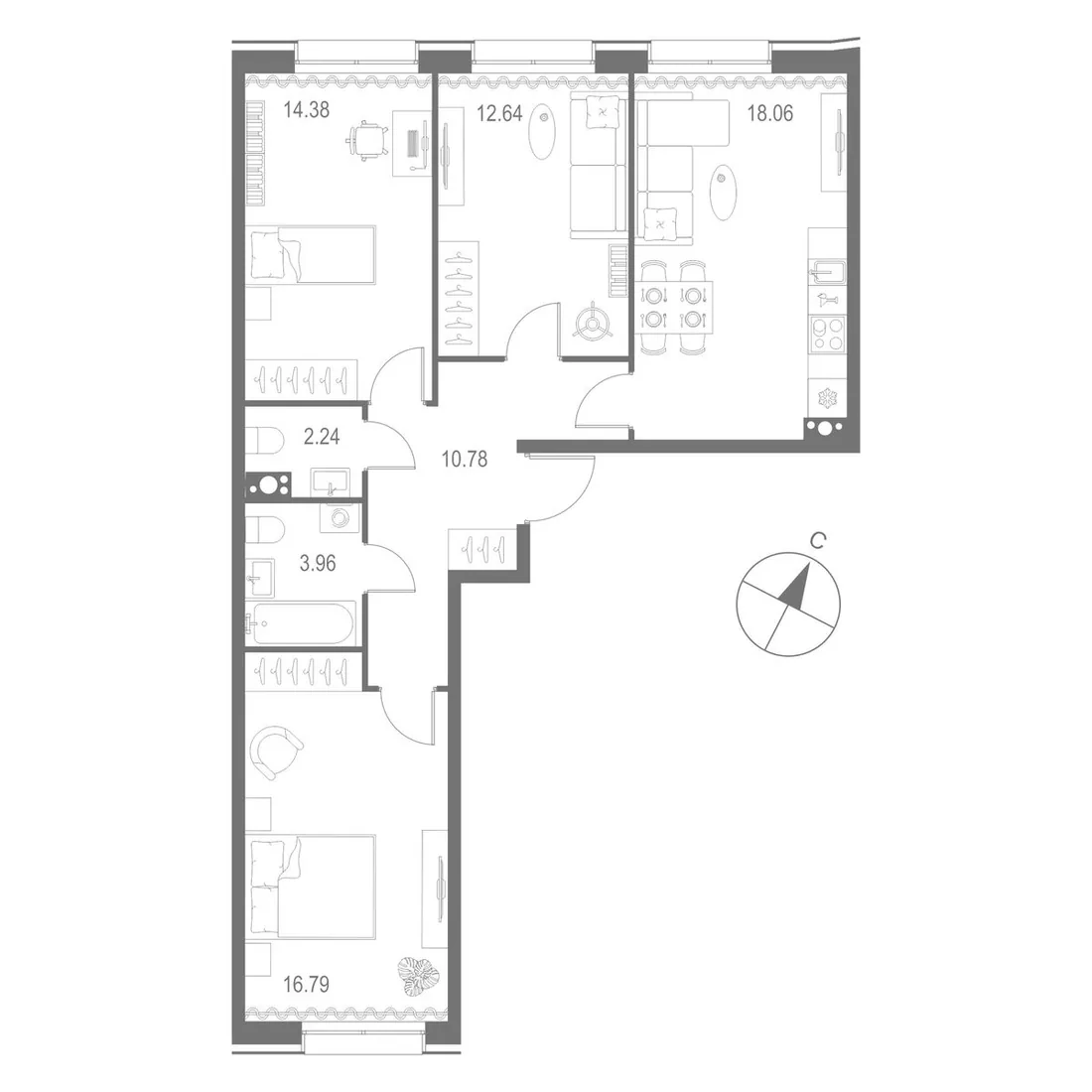 Планировка: Трёхкомнатная квартира 79 м² в «Остров Первых»