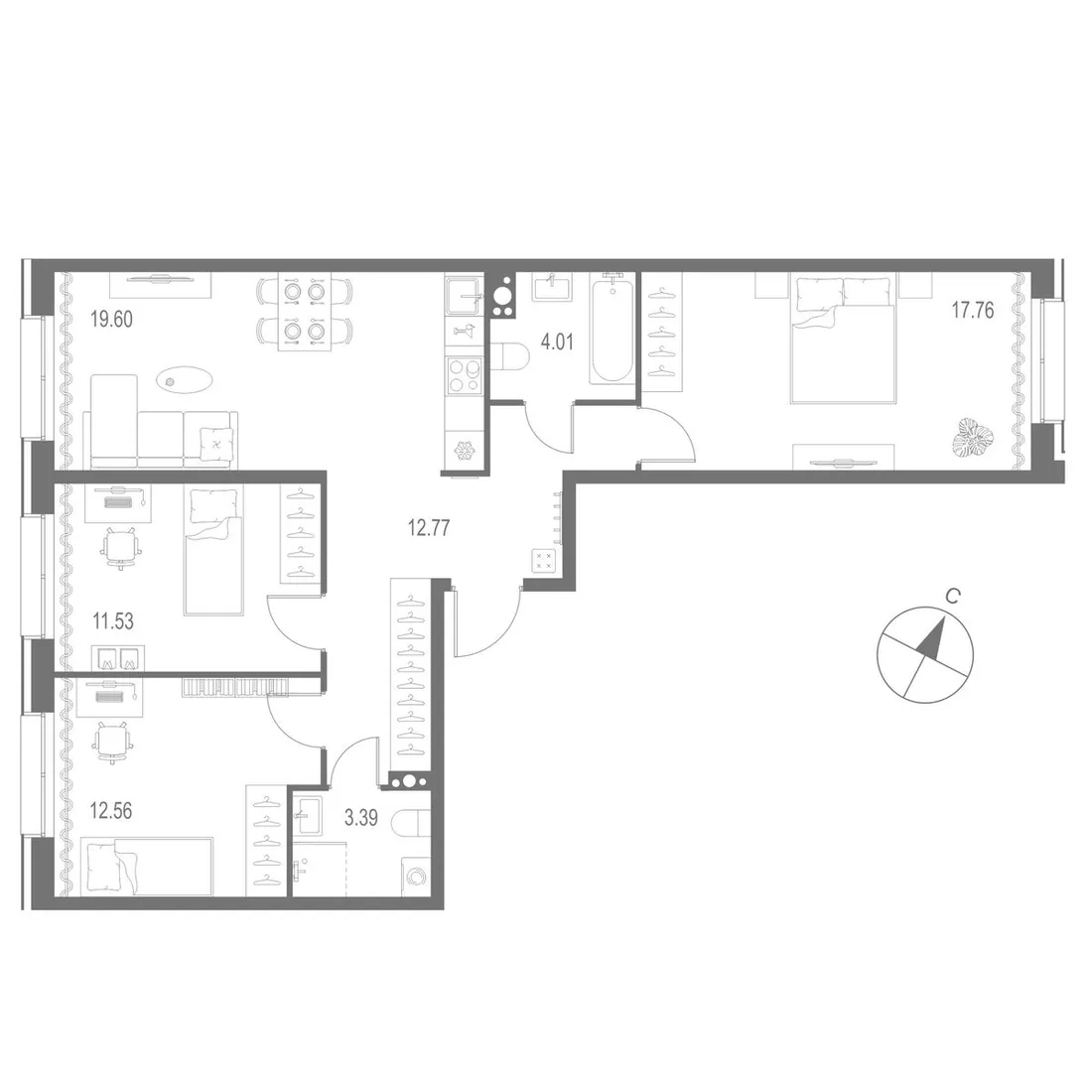 Планировка: Трёхкомнатная квартира 82 м² в «Остров Первых»