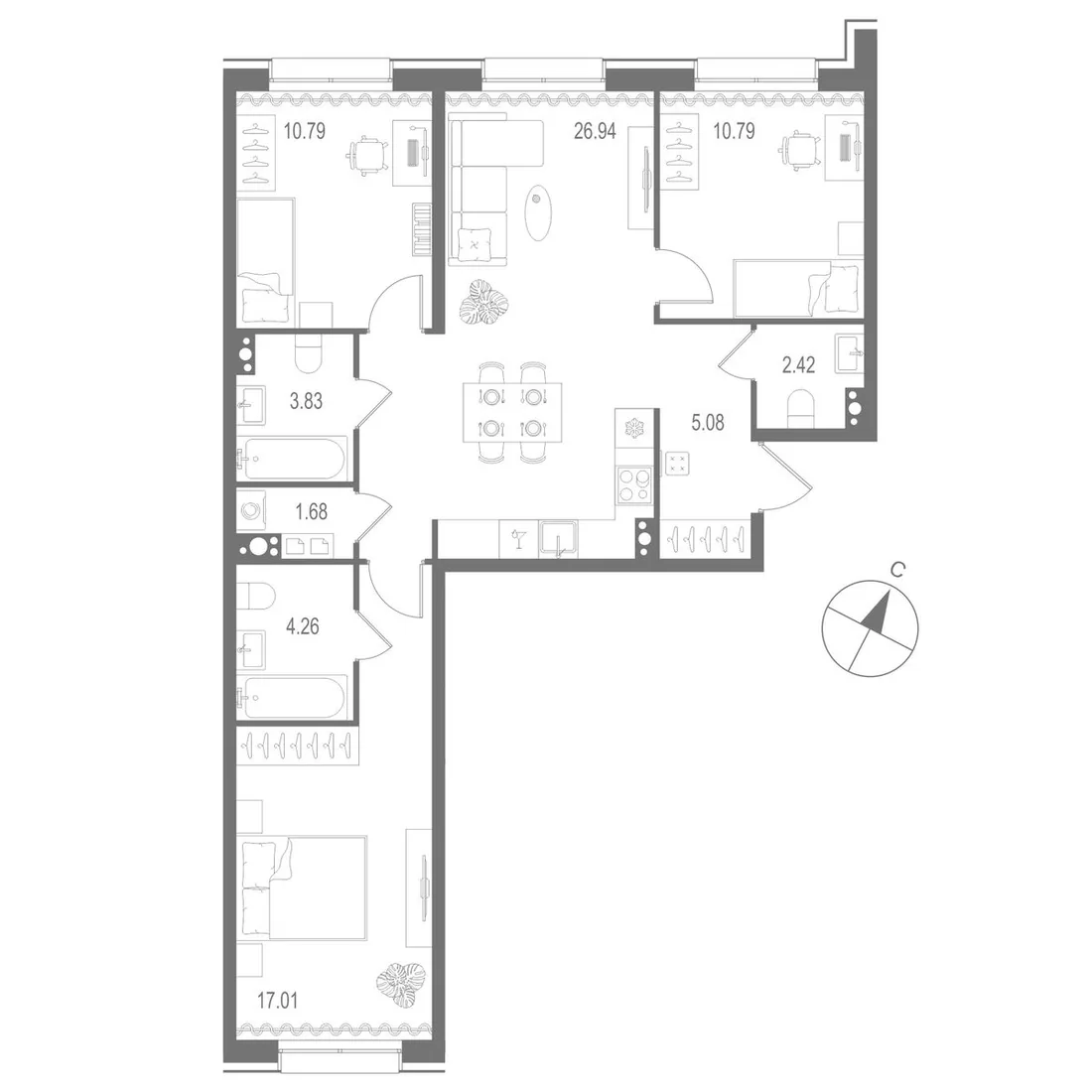 Планировка: Трёхкомнатная квартира 83 м² в «Остров Первых»