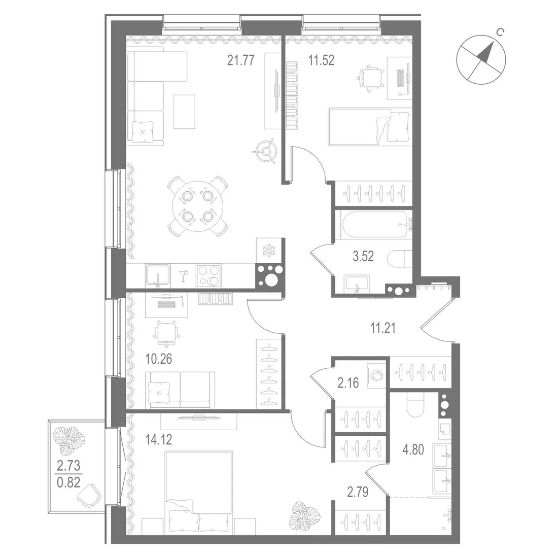 Планировка: Трёхкомнатная квартира 83 м² в «Остров Первых»