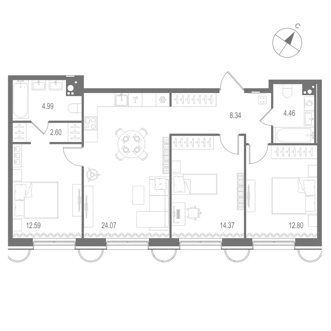 Планировка: Трёхкомнатная квартира 84 м² в «Остров Первых»