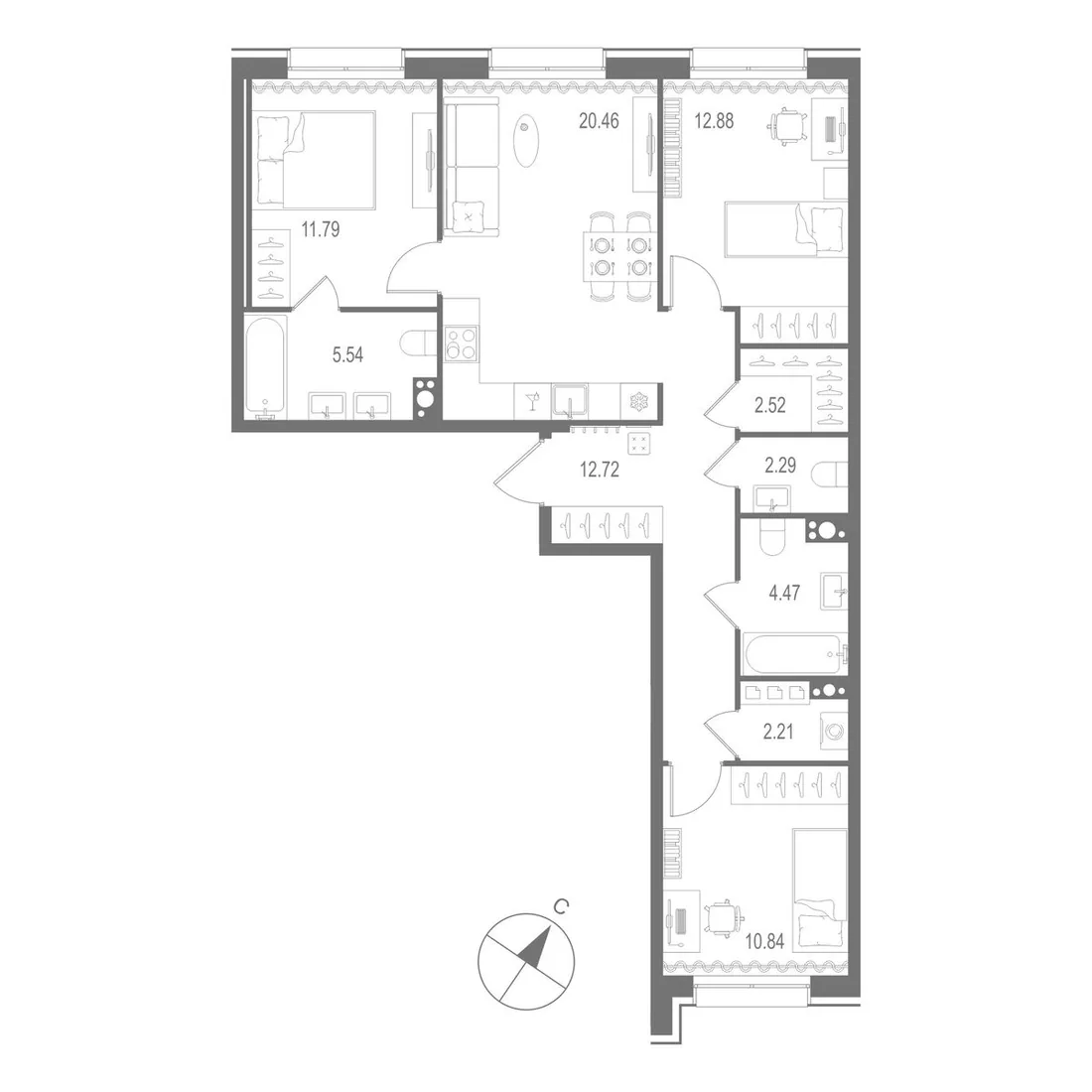 Планировка: Трёхкомнатная квартира 86 м² в «Остров Первых»