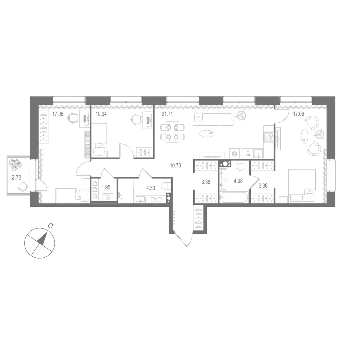 Планировка: Трёхкомнатная квартира 95 м² в «Остров Первых»