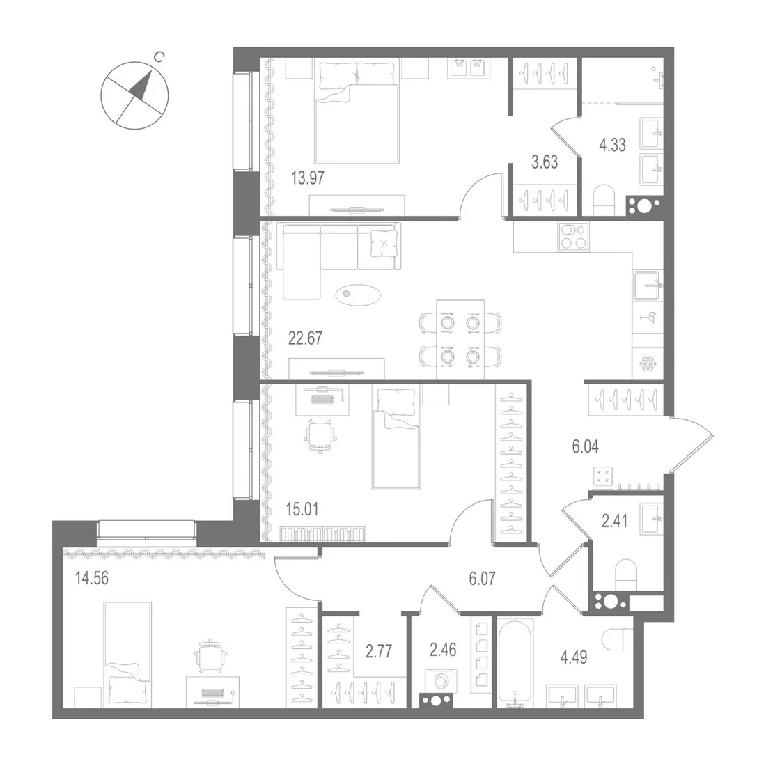 Планировка: Трёхкомнатная квартира 98 м² в «Остров Первых»