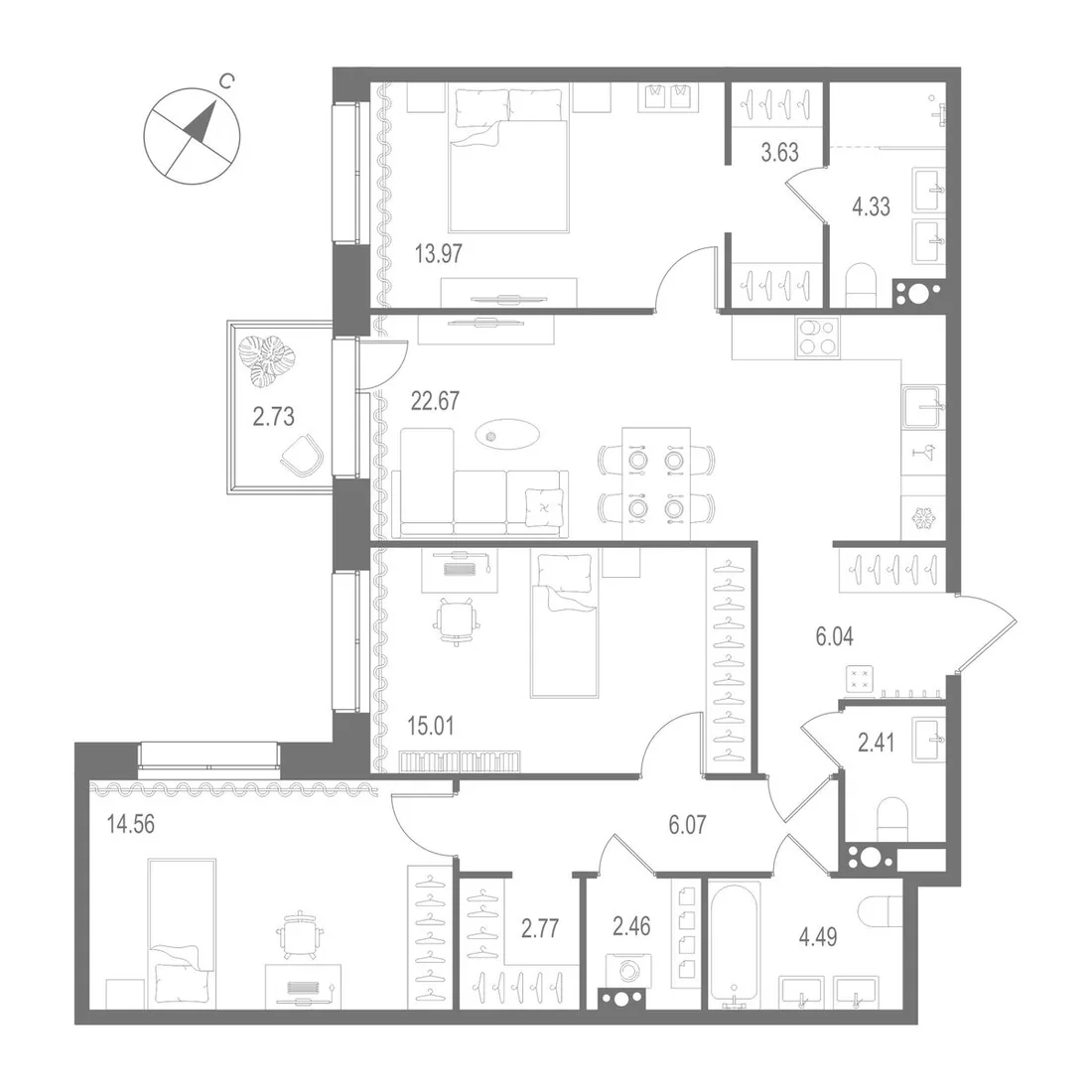 Планировка: Трёхкомнатная квартира 98 м² в «Остров Первых»