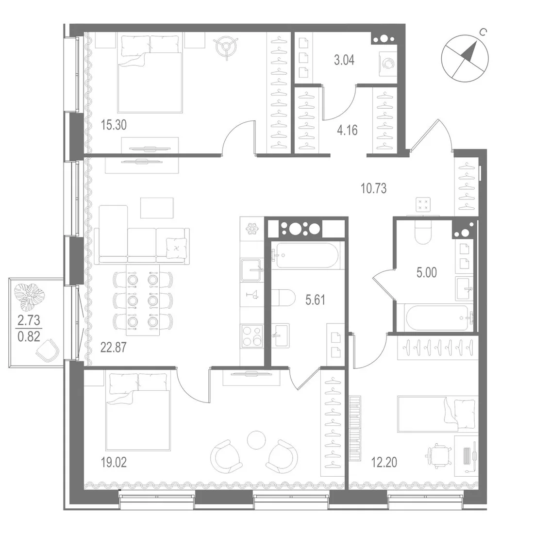 Планировка: Трёхкомнатная квартира 99 м² в «Остров Первых»