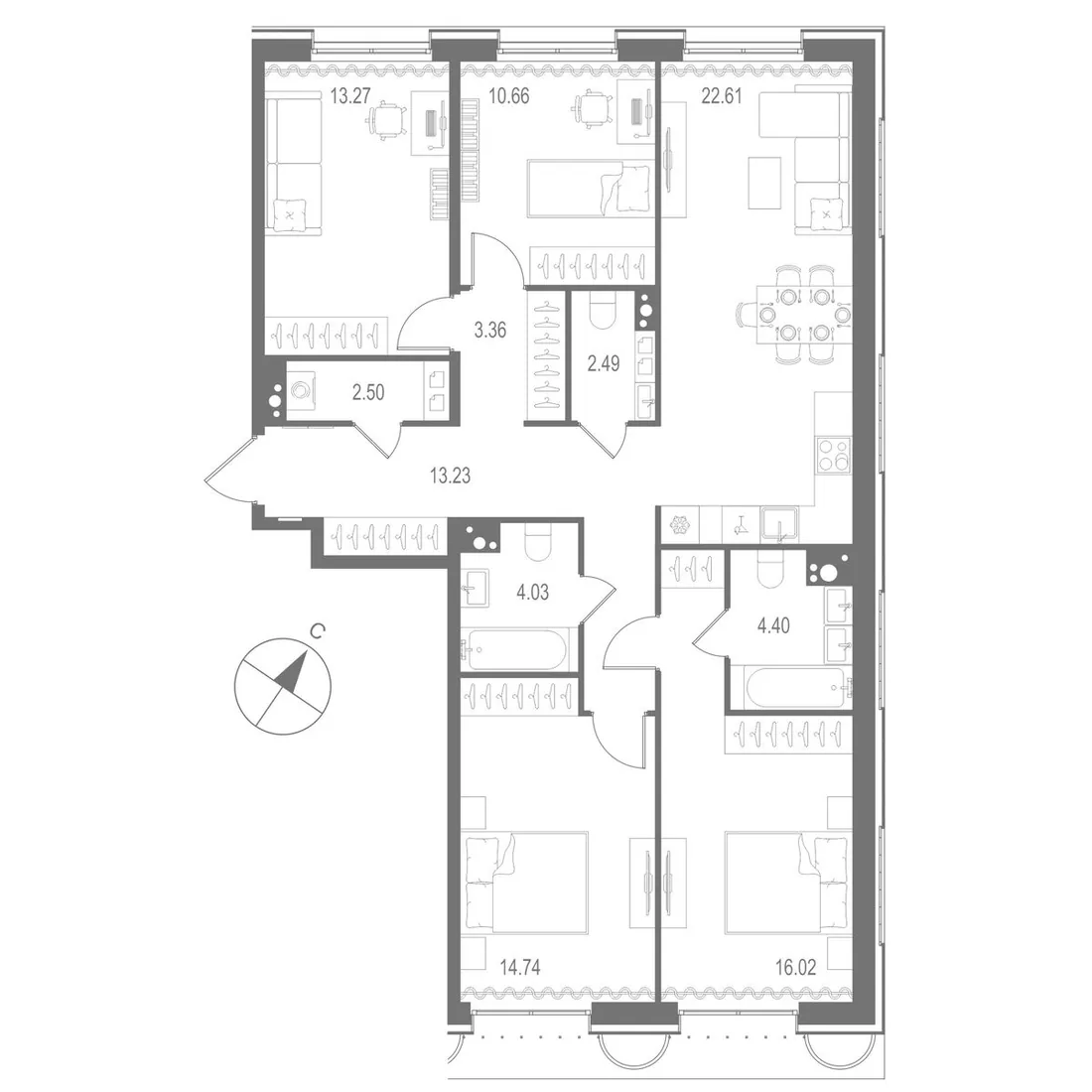 Планировка: Четырёхкомнатная квартира 107 м² в «Остров Первых»