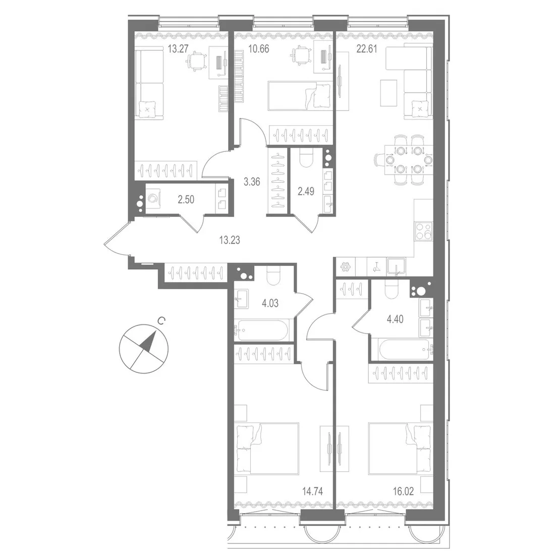 Планировка: Четырёхкомнатная квартира 107 м² в «Остров Первых»