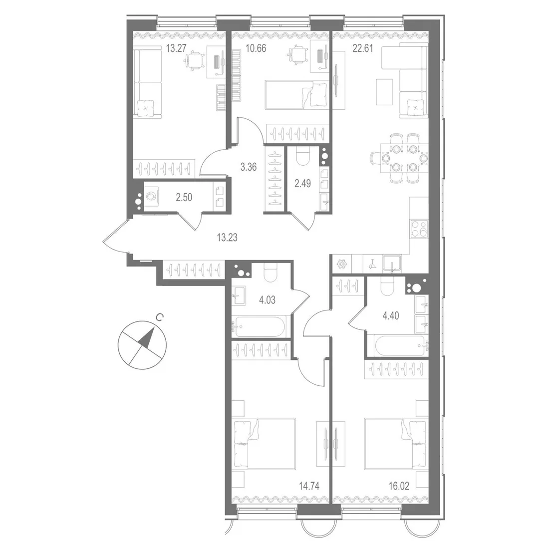 Планировка: Четырёхкомнатная квартира 107 м² в «Остров Первых»