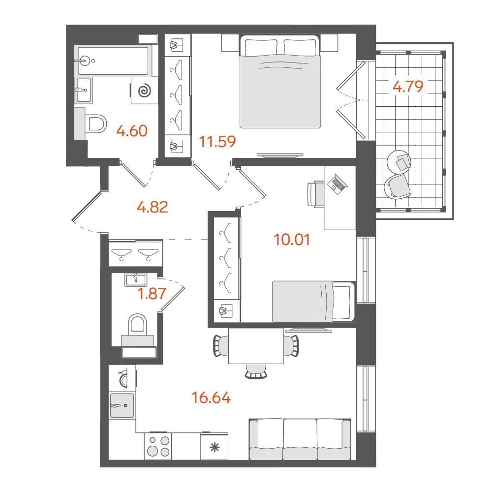 Планировка: Двухкомнатная квартира 51 м² в «STAVNI Обводный»