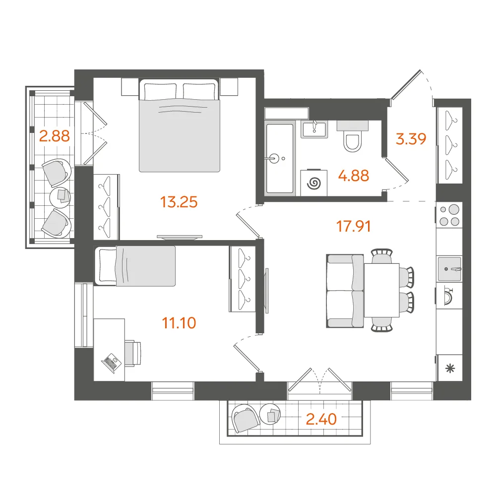 Планировка: Двухкомнатная квартира 52 м² в «STAVNI Обводный»