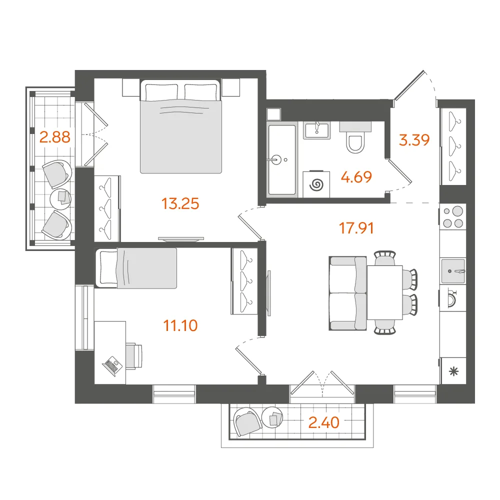 Планировка: Двухкомнатная квартира 52 м² в «STAVNI Обводный»