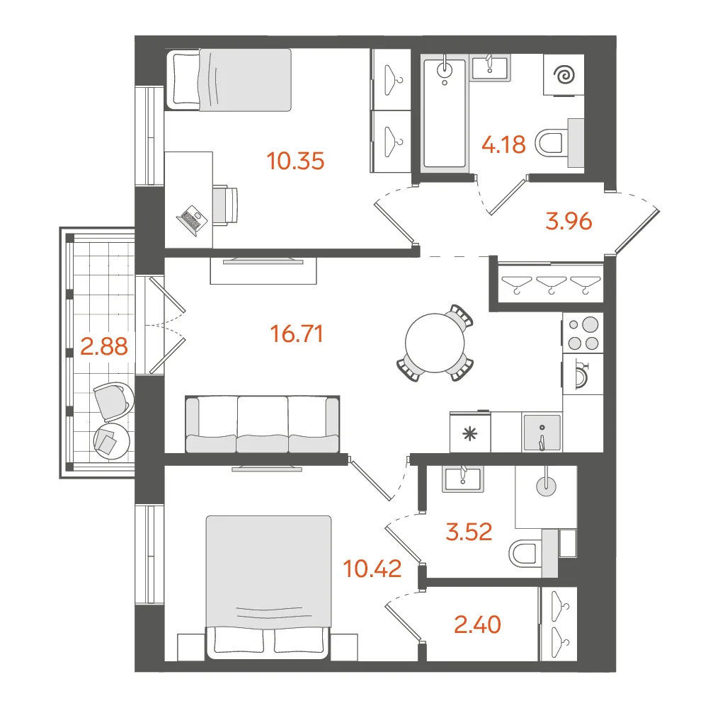 Планировка: Двухкомнатная квартира 52 м² в «STAVNI Обводный»