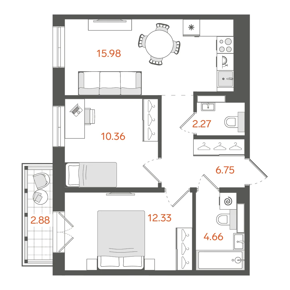 Планировка: Двухкомнатная квартира 53 м² в «STAVNI Обводный»