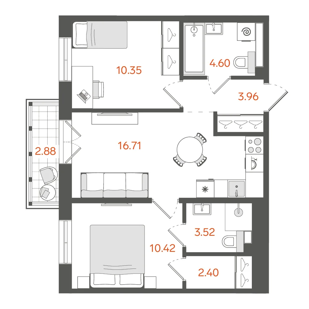 Планировка: Двухкомнатная квартира 53 м² в «STAVNI Обводный»