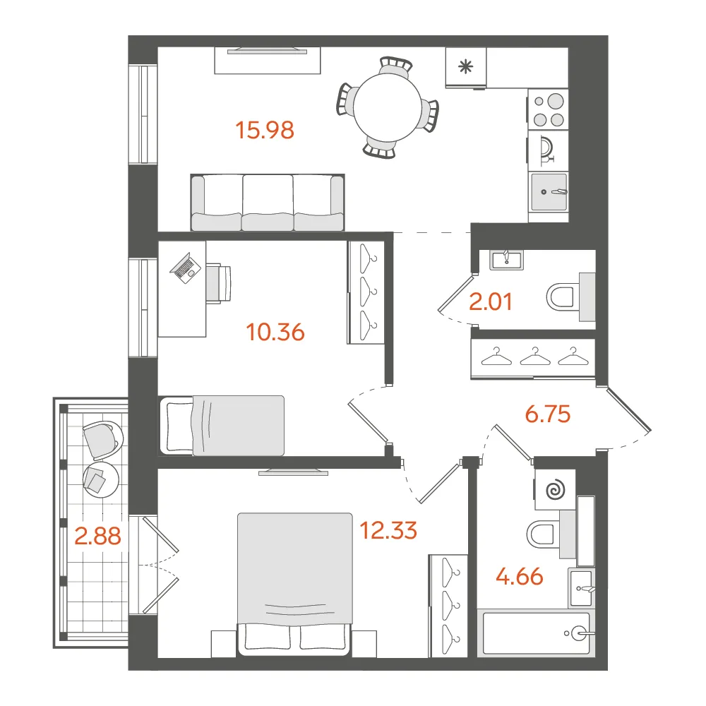 Планировка: Двухкомнатная квартира 53 м² в «STAVNI Обводный»