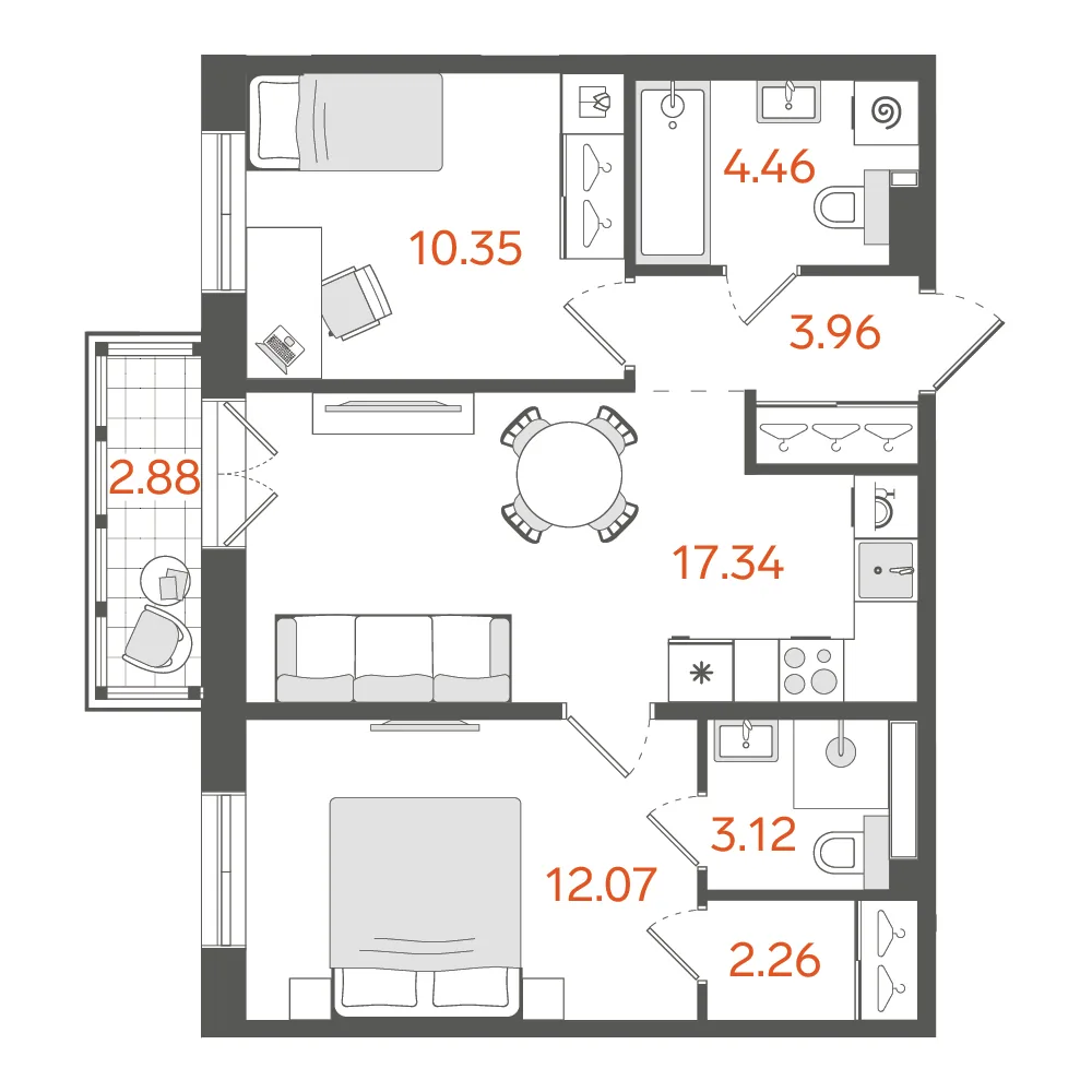 Планировка: Двухкомнатная квартира 54 м² в «STAVNI Обводный»