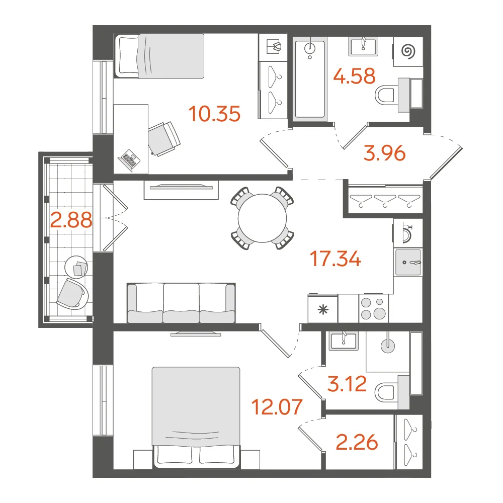 Планировка: Двухкомнатная квартира 54 м² в «STAVNI Обводный»