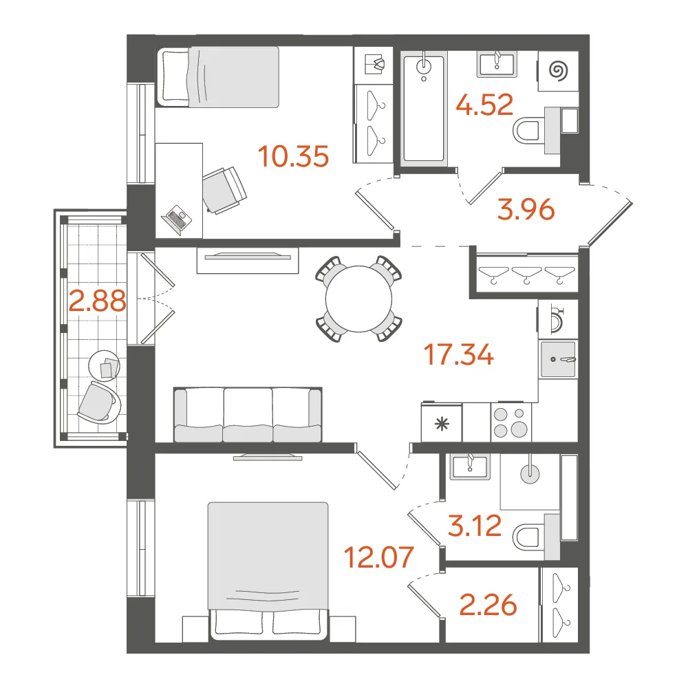 Планировка: Двухкомнатная квартира 54 м² в «STAVNI Обводный»