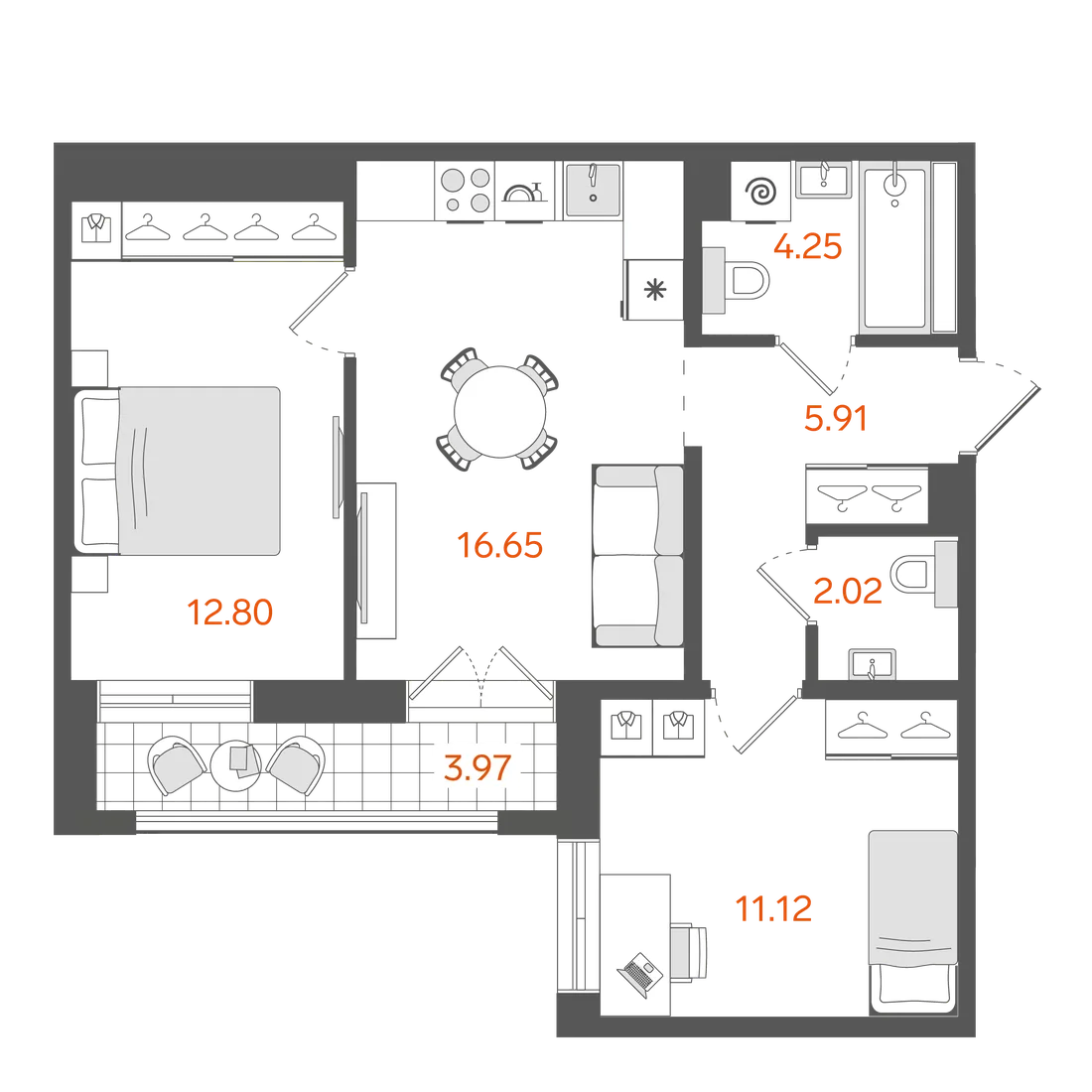 Планировка: Двухкомнатная квартира 55 м² в «STAVNI Обводный»