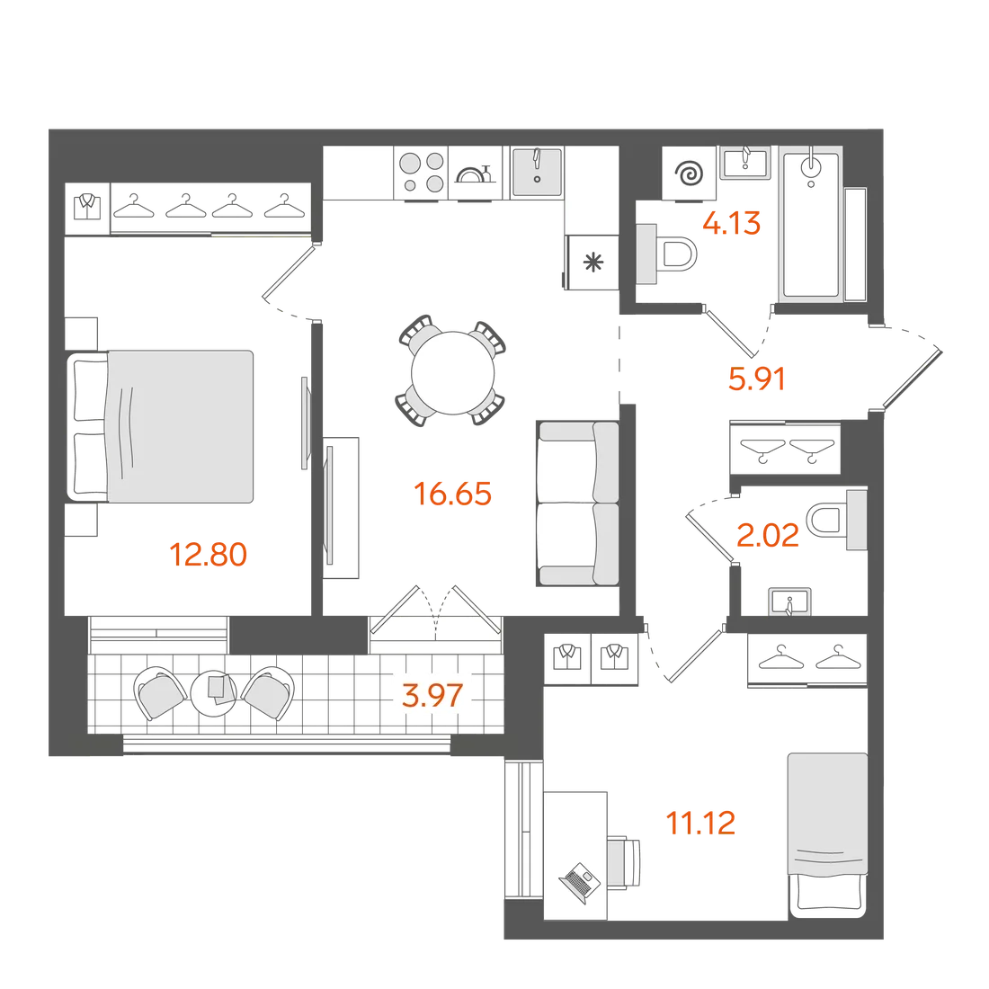 Планировка: Двухкомнатная квартира 55 м² в «STAVNI Обводный»
