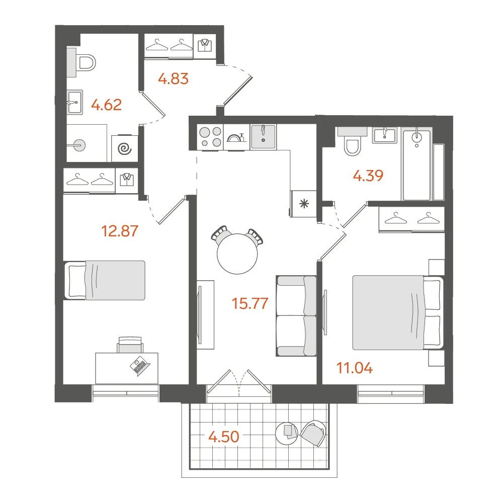Планировка: Двухкомнатная квартира 55 м² в «STAVNI Обводный»
