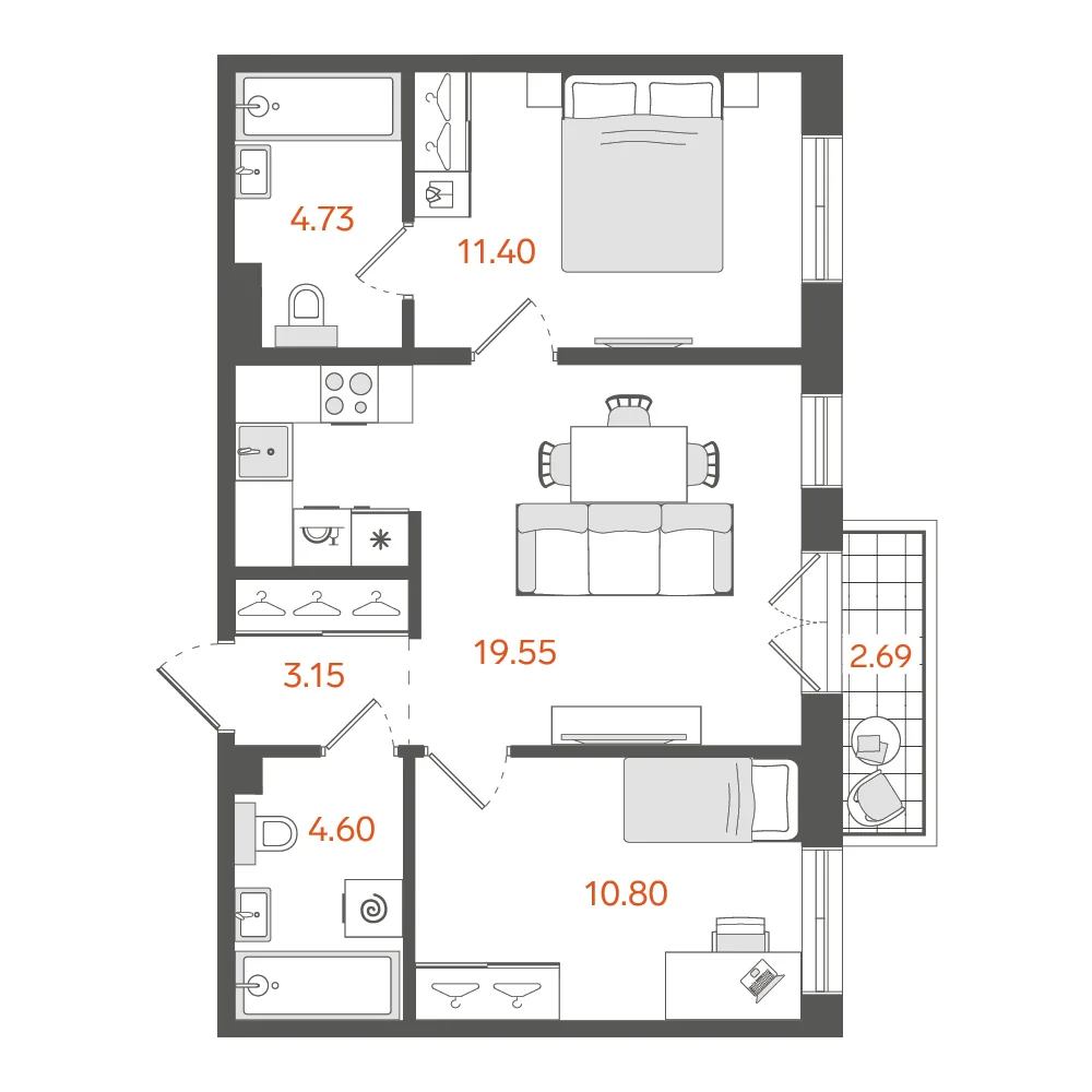 Планировка: Двухкомнатная квартира 55 м² в «STAVNI Обводный»