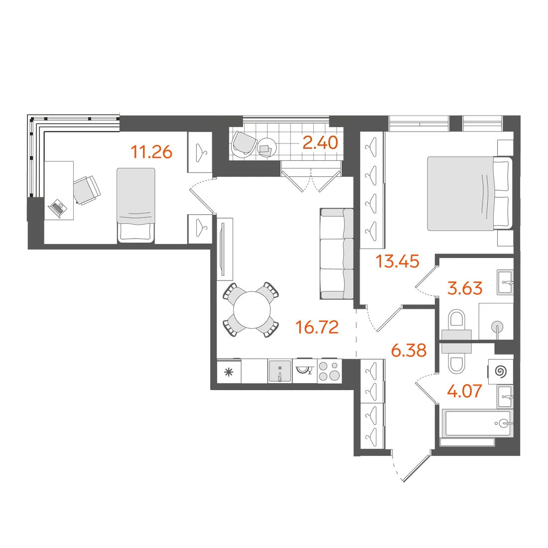Планировка: Двухкомнатная квартира 57 м² в «STAVNI Обводный»