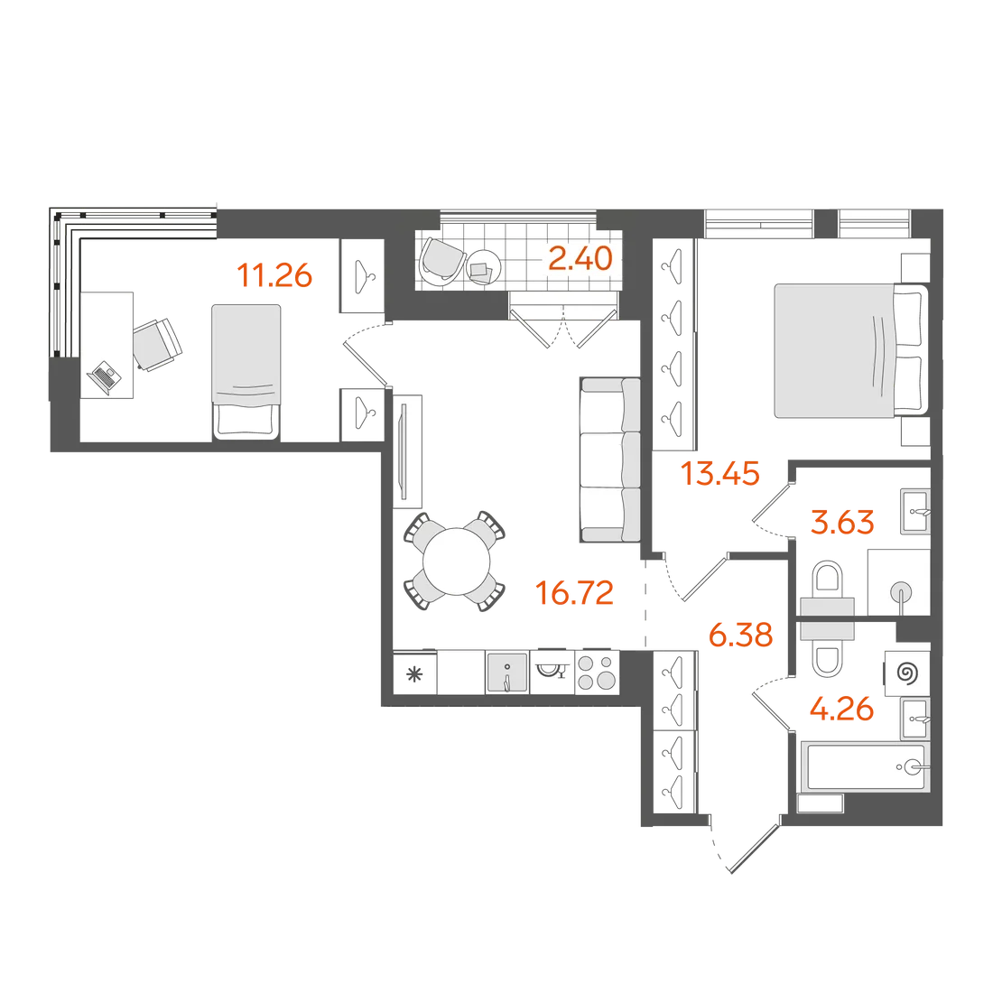 Планировка: Двухкомнатная квартира 57 м² в «STAVNI Обводный»