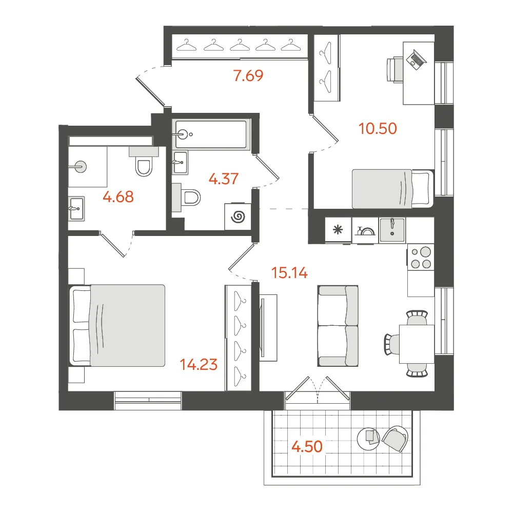 Планировка: Двухкомнатная квартира 58 м² в «STAVNI Обводный»