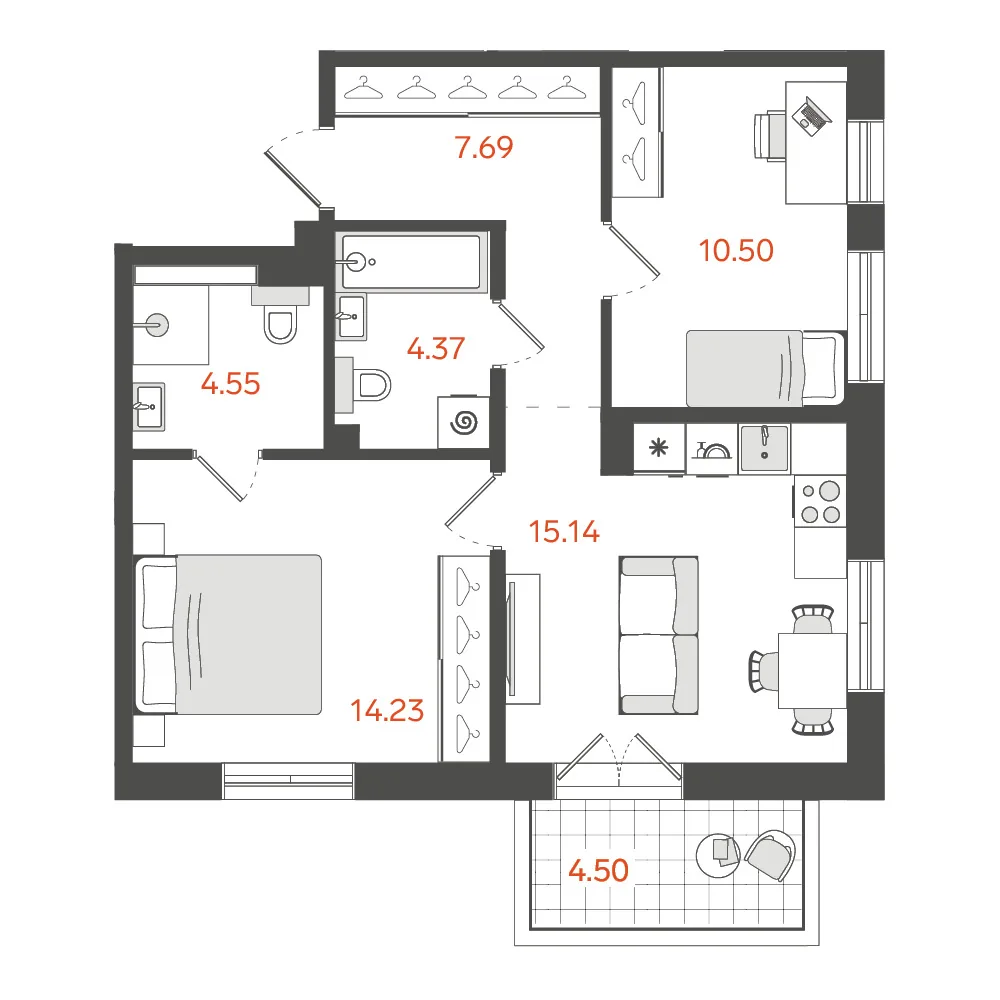 Планировка: Двухкомнатная квартира 58 м² в «STAVNI Обводный»