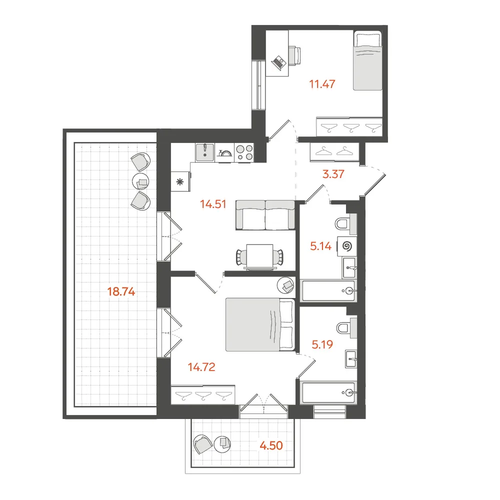 Планировка: Двухкомнатная квартира 61 м² в «STAVNI Обводный»